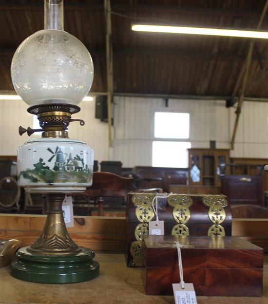 Glass oil lamp, a walnut box & an inlaid box